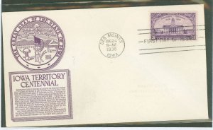 US 838 1938 3c Iowa Territory Centennial (single) on an unaddressed FDC wit an Anderson Cachet