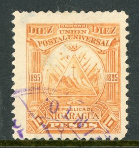 Nicaragua 1895 Seebeck 10 Peso Coat of Arms Scott #80 VFU Z387 ⭐