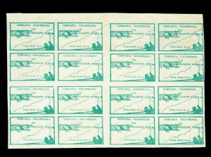 COLOMBIA 1920 AIRMAIL - Pilot and Biplane 10c green Scott # C11 mint BLOCK of 16