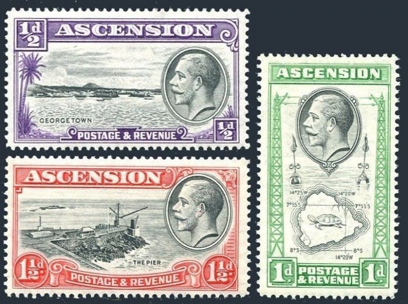 Ascension 23-25, hinged. Michel 22-24. George V, 1934. Views, Map-turtle, Bird.