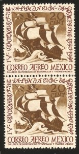 J) 1940 MEXICO, PAIR, PIRATE SHIP, SCOTT C111, 20 CENTS BROWN, MNH