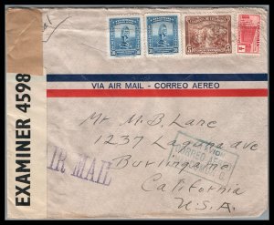 Colombia 1941  Airmail Censored Cover to Burlingame California