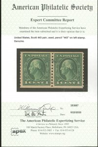 U.S. #443 MINT PAIR WITH APS CERT