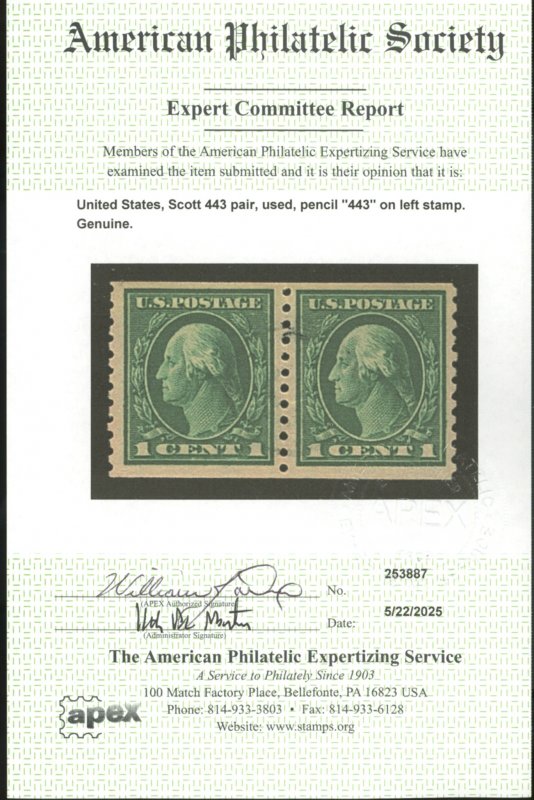 U.S. #443 MINT PAIR WITH APS CERT