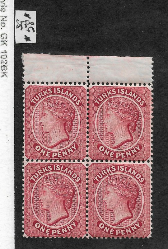 Turks Is 1889,Victoria One Penny Block Perf 14,wmk Crown CA,Sc # 45,VF MNH**OG