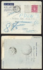 Aden GB Airmail Letter to Cpl Davies TC redirected with d/r FPO 717 p/m (Egypt)