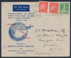 AUSTRALIA 1938 Australia - England airmail cover Flying Boat Service. cat $275.