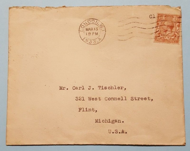 1933 BBC MAIL COVER & LETTER FROM LONDON TO FLINT MICHIGAN W/ STAMP