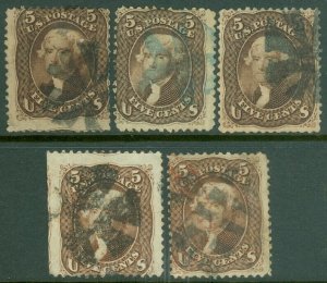 EDW1949SELL : USA 1863 Scott #76. 5 stamps. Used. Unusual cancels. Catalog $685.