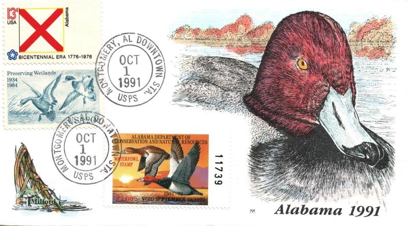 1991 Montgomery Alabama USA Duck Stamp Milford Hand Painted First Day Cover