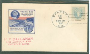 US 796 1937 3c/300th anniversary of the birth on Virginia Dare on an unaddressed first day cover with an Ioor cachet and a mis-s