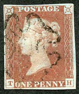 1841 Penny Red (TH) Plate 13 four margin (Vertical crease) Cat 170 pounds