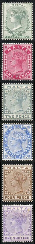 Malta SG20/29 1885-90 QV Set of 6 Wmk Crown CA Perf 14 M/M