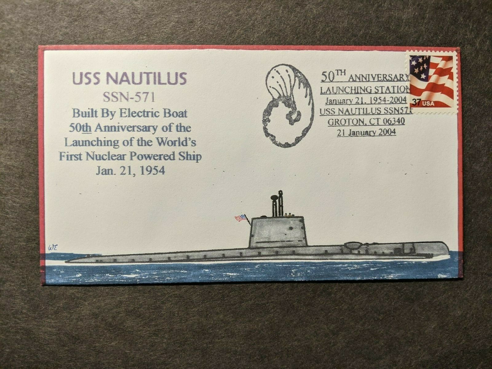 Submarine USS NAUTILUS SSN571 Naval Cover 2004 EVERETT HANDDRAWN