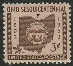 1953 Ohio Statehood Single 5c Postage Stamp - Sc# 1018 - MNH, OG - DS151b