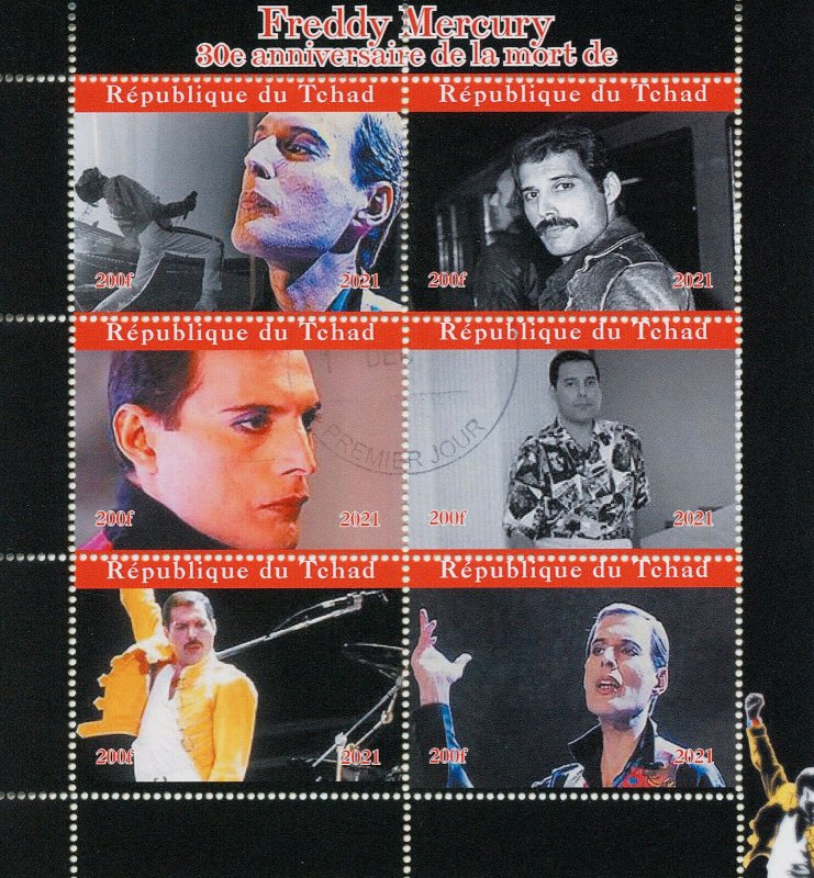 Chad 2021 CTO Music Stamps Freddie Mercury Memorial Celebrities Queen 6v M/S 