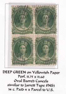 NOVA SCOTIA # 11 VF-BLOCK OF 4 8.5cts DEEP GREEN YELLOWISH PAPER OVAL BARREL PMK