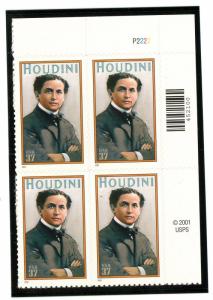 US  3651  Houdini 37c - Plate Block of 4 - MNH - 2002 - P2222  UR