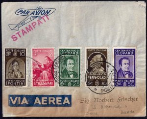 ITALY 1937 CENTENIALS ISSUES Sc 387 391 ON AIRMAIL FDC COVER TO AUSTRIA TONED AT