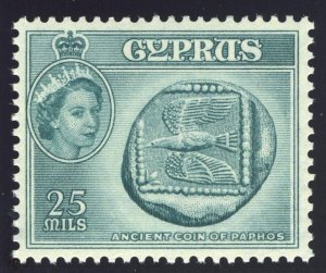 Cyprus 1958 QEII 25m greenish blue superb MNH. SG 179a.