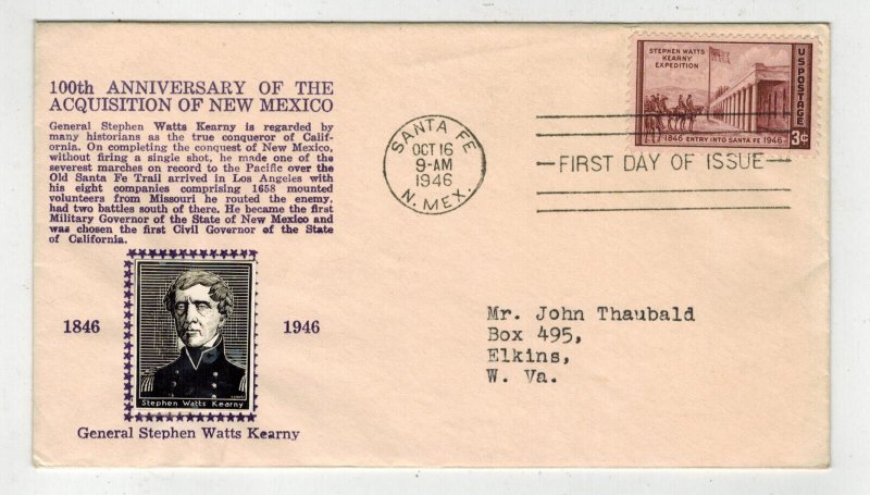1947 CROSBY PHOTO FDC 944 ACQUISITION OF NEW MEXICO Stephen Watts Kearney