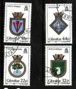 Gibraltar-Sc#501-4- id5-used set-Royal Navy Crests-Ships-1987-