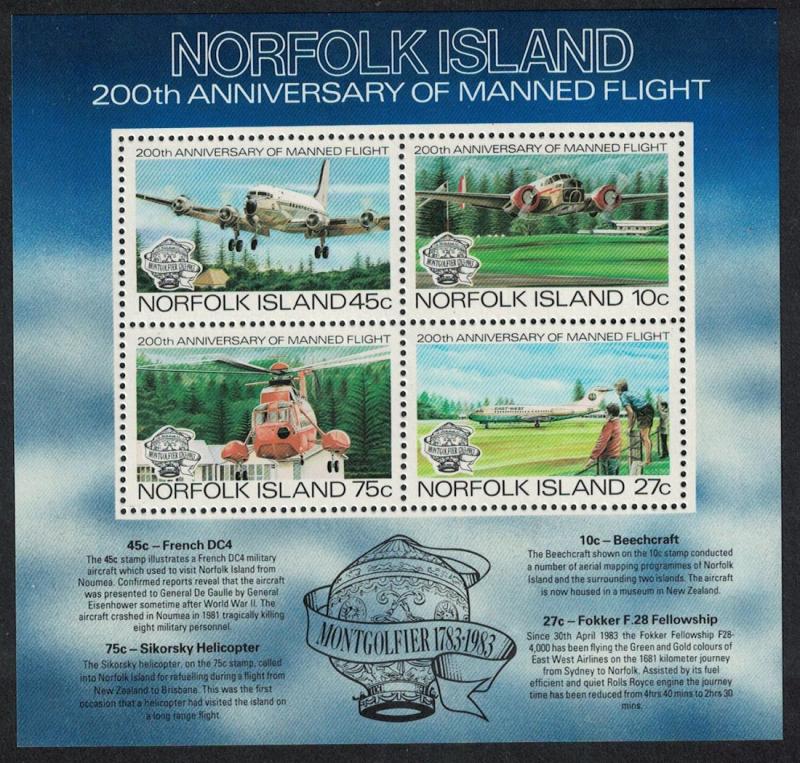 Norfolk Airplanes Helicopter Bicentenary of Manned Flight MS SG#MS308 SC#313a