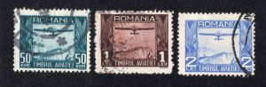 Romania 1931 Set of 3 Airplane Postal Tax, Scott RA16-RA18 used, value = 75c