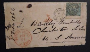 1865 England Cover Southampton to Charleston SC USA Great Britain