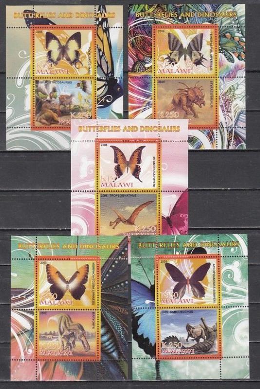 Malawi, 2008 Cinderella issue. Butterflies & Dinosaurs on 5 sheets of 2.   