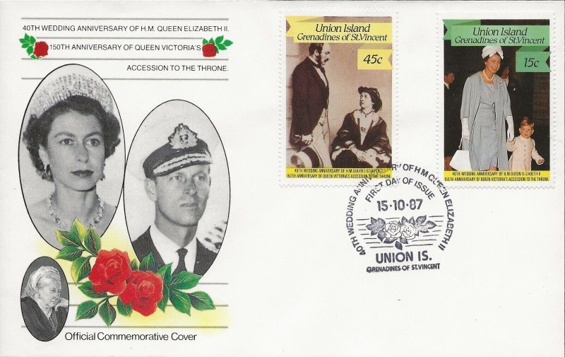 UNION ISLAND 1987 40TH WEDDING ANNIV QUEEN ELIZABETH, SET+S/SHEET ON 4 FDC'S 