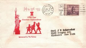 157th YEAR AMERICAN INDEPENDENCE CACHET COVER CANCELLED WASHINGTON D.C. 1933