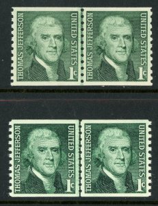 USA 1968 Jefferson 1¢ P10 Vert Coil Line Pairs Two Shades Sc 1299 MNH T220