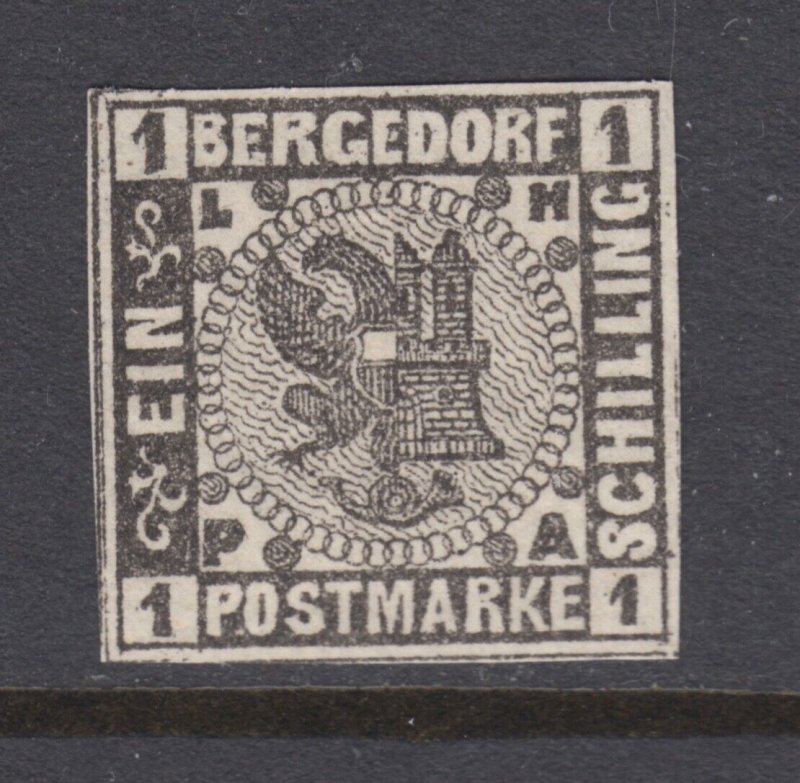 Bergedorf Sc 2 MNH. 1861 1s black Coat of Arms, choice XF single with 4 margins.