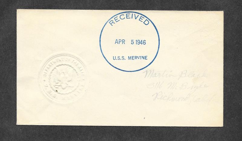 1945 USS Mervine Naval Ship Cover!