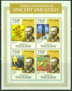 TOGO 2013 160th BIRTH ANNIVERSARY OF VINCENT VAN GOGH   SHEET  MINT NH