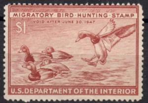 US Stamp #RW13 MLH - Redhead Drake Alighting on a Pond