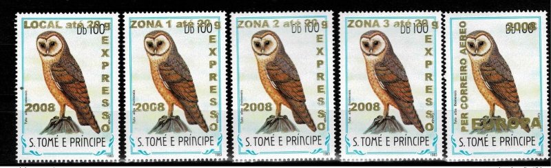 S. Tomé & Principe 2009 Mi. 3963 - 3968 Birds Birds Owl Wildlife Surch. 5v.-