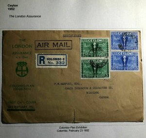1952 Colombo Ceylon First Day Cover FDC To Winnipeg Canada Plan Exhibition