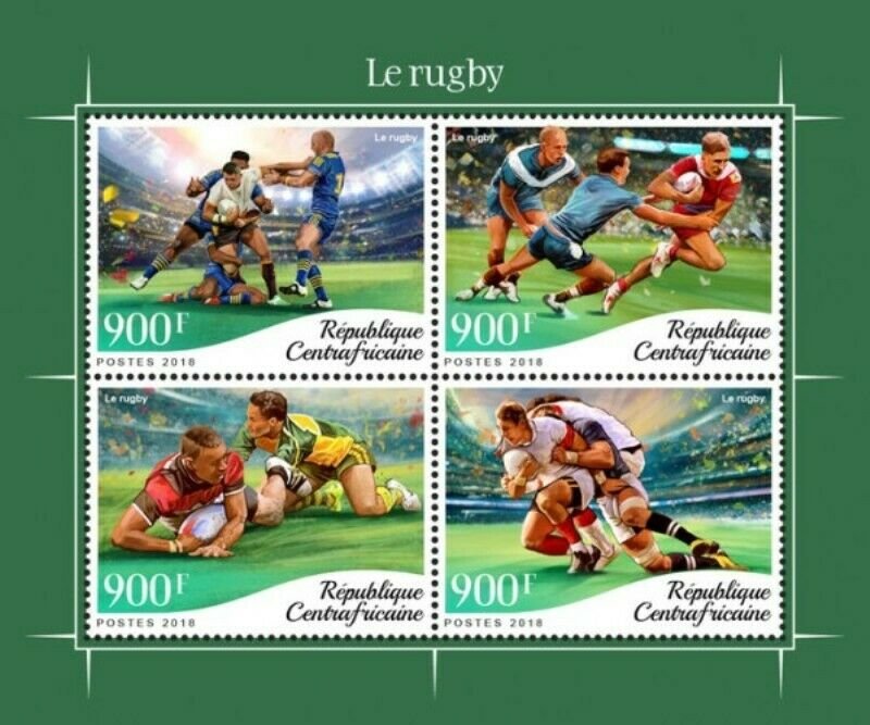 Central Africa - 2018 Sport of Rugby - 4 Stamp Sheet - CA18611a