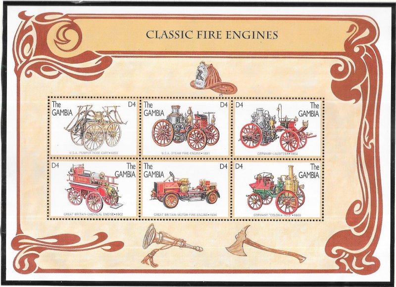 Gambia #1747  4d  Classic Fire Engines  Sheet  of 6 (MNH) CV5.75