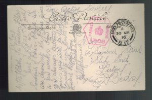 1916 England Army Post Office Censored Picture Postcard Cover to Luton Paris