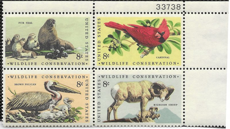 US #1464-1467 plate block. Wildlife - Seal, Cardinal, Pelican, Bighorn Sheep.