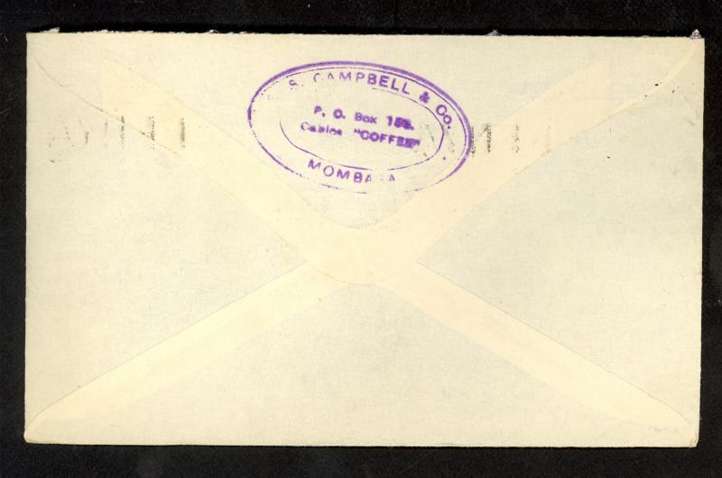 KUT KENYA 1947 KGVI Mombasa Cover 3shilling and 15c Sc 72b & 82a to USA Coffee