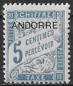 Andorra 5c blue Postage Due issue of 1931, Scott J1 MH