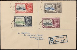 ASCENSION 1935 Registered cover franked KGV Silver Jubilee set. To England.