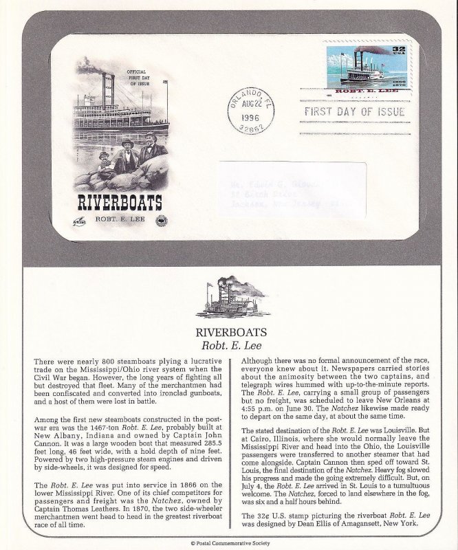 1996 Riverboats Sc 3091-95 FDCs on 3 PCS info pages 3095a set of 5 designs