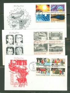 US 2006/2030 1982 3 different blocks of 4 FDCs. U/A. Artmaster cachets. Knoxville World's Fair. American Architecture. C...