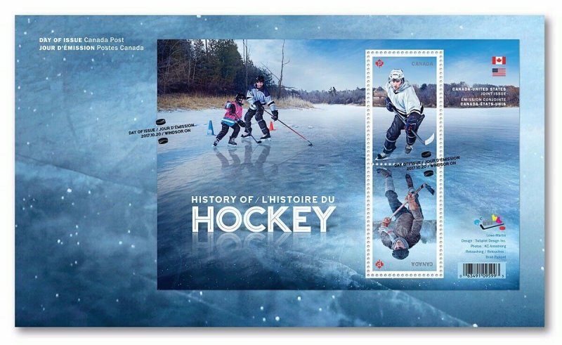 HOCKEY HISTORY = JOINT ISSUE with USA, FDC, OFDC of Souvenir Sheet Canada 2017