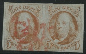 1c Franklin Red Orange Used Pair of 2 Stamps with PF Cert HZ4